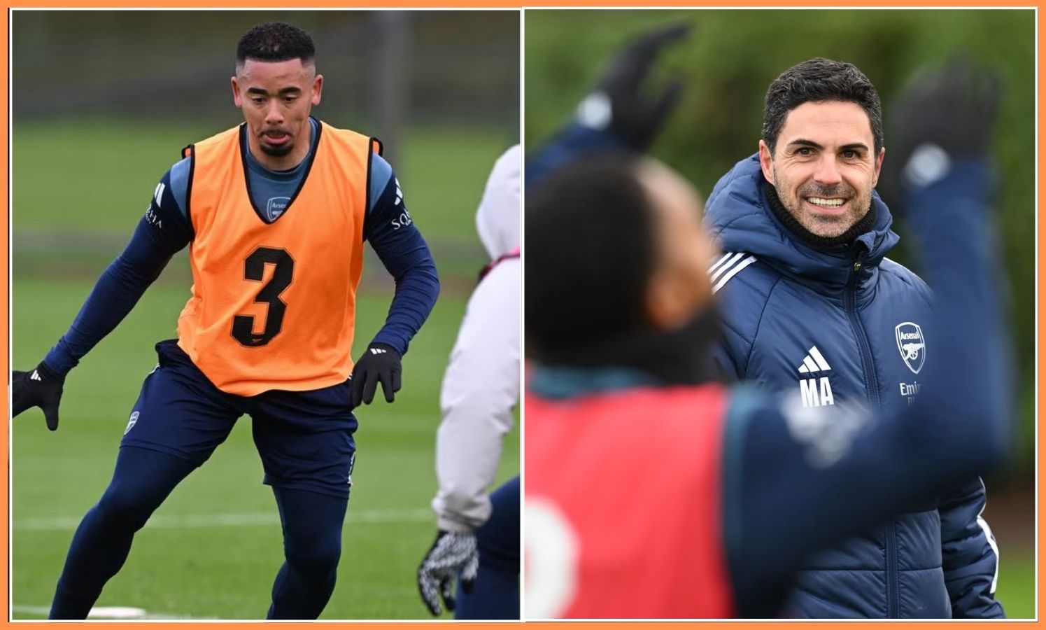 Gabriel Jesus and Mikel Arteta in Arsenal training