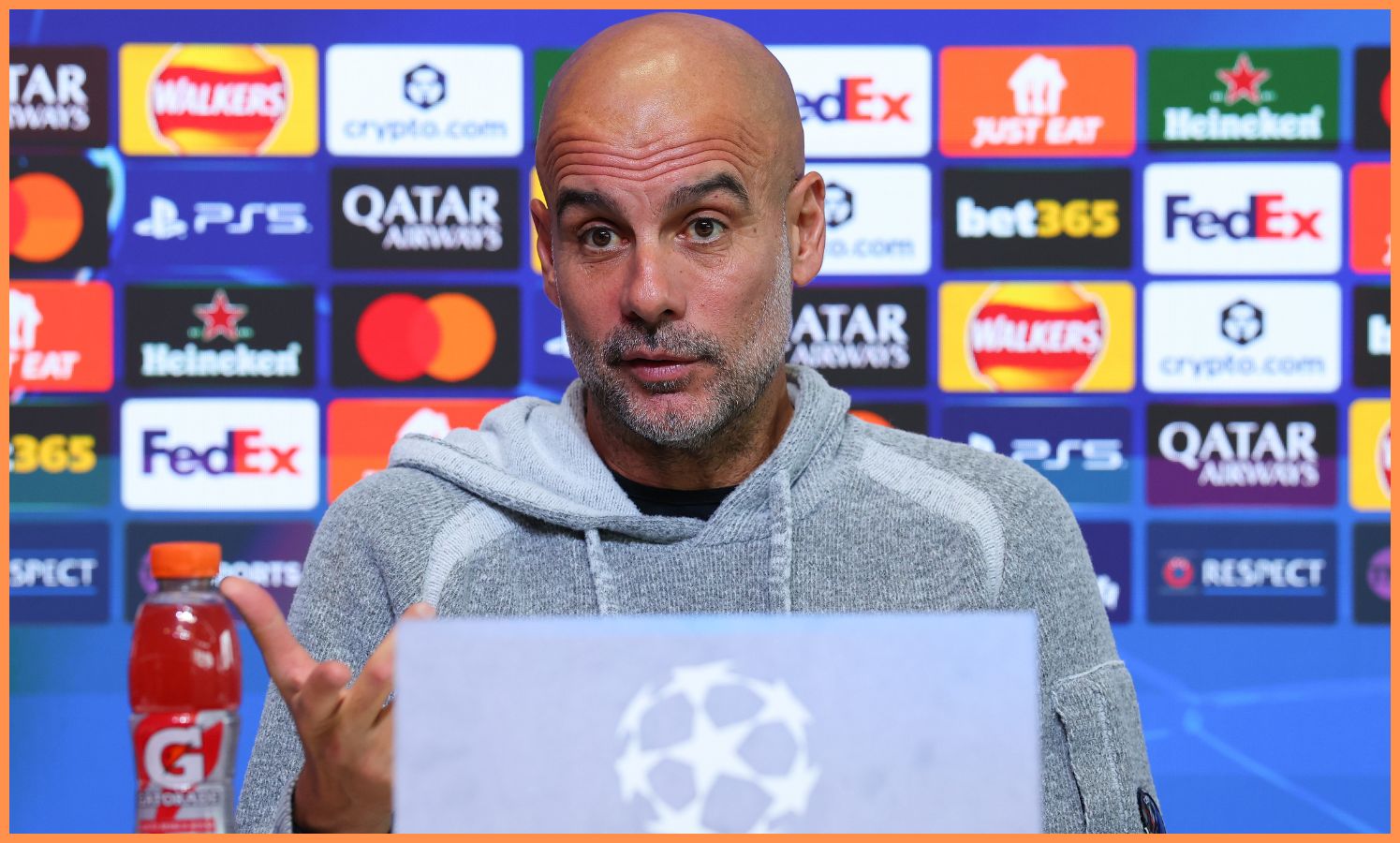 Pep Guardiola speaking during a Manchester City press conference