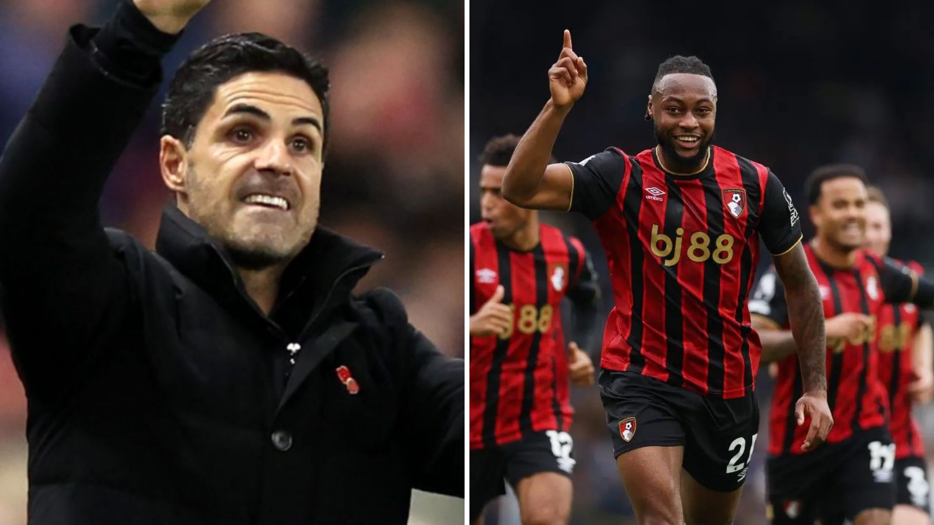 Split image of Arsenal manager Mikel Arteta and Bournemouth star Antoine Semenyo