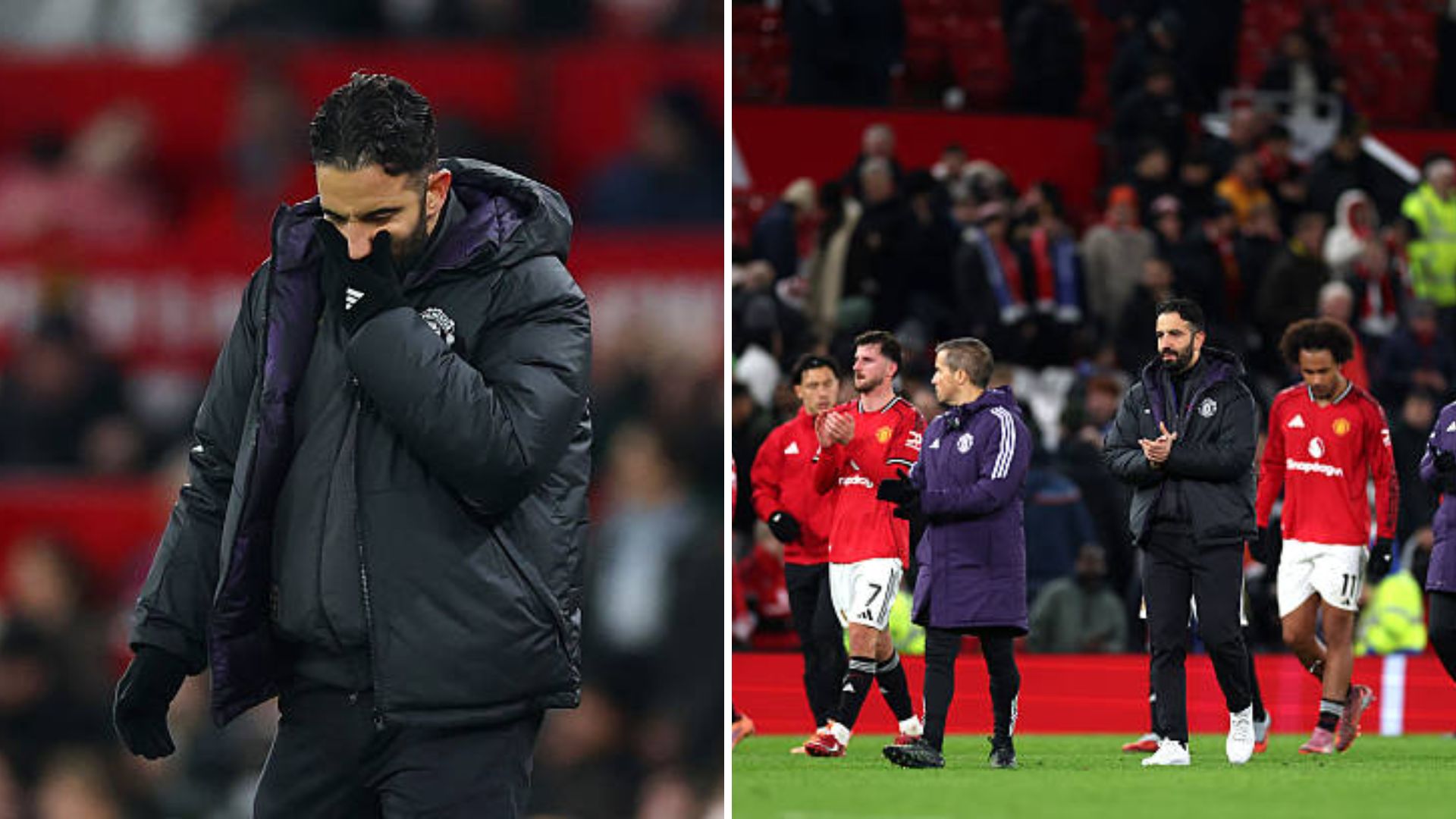 Split image of a dejected Ruben Amorim and Amorim with Man United players after defeat against Everton