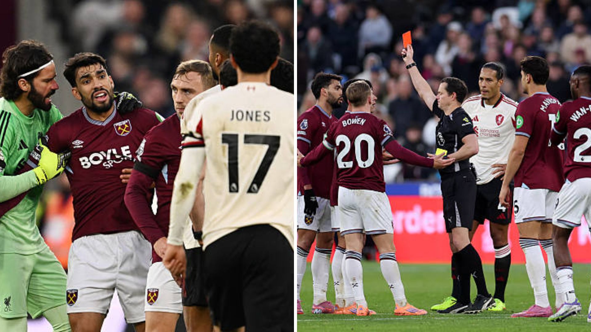 Split image from the incidents of West Ham's Lucas Paqueta getting sent off against Liverpool