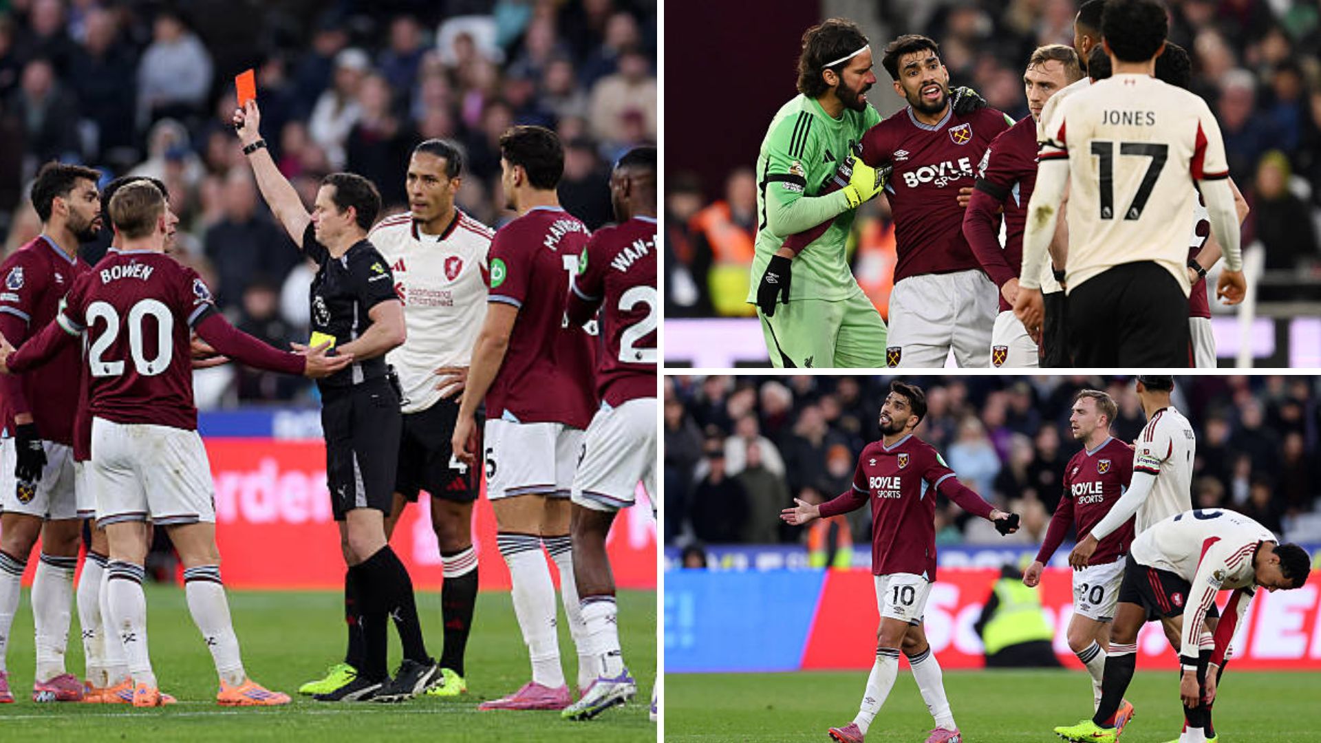 A collage from the incident involving West Ham's Lucas Paqueta as he got sent off vs Liverpool