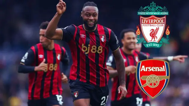 Antoine Semenyo celebrating his goal with overlay of Liverpool and Arsenal badges