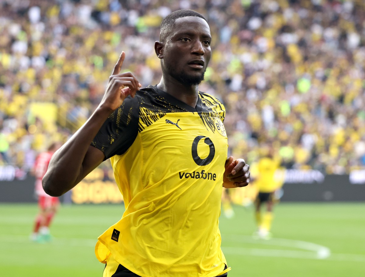Serhou Guirassy celebrates a goal for Borussia Dortmund
