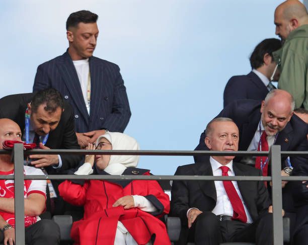 Mesut Ozil, Emine Erdogan and Recep Tayyip Erdogan President of the Republic of Turkey on the tribune before the UEFA EURO 2024 quarter-final match between Netherlands and Türkiye