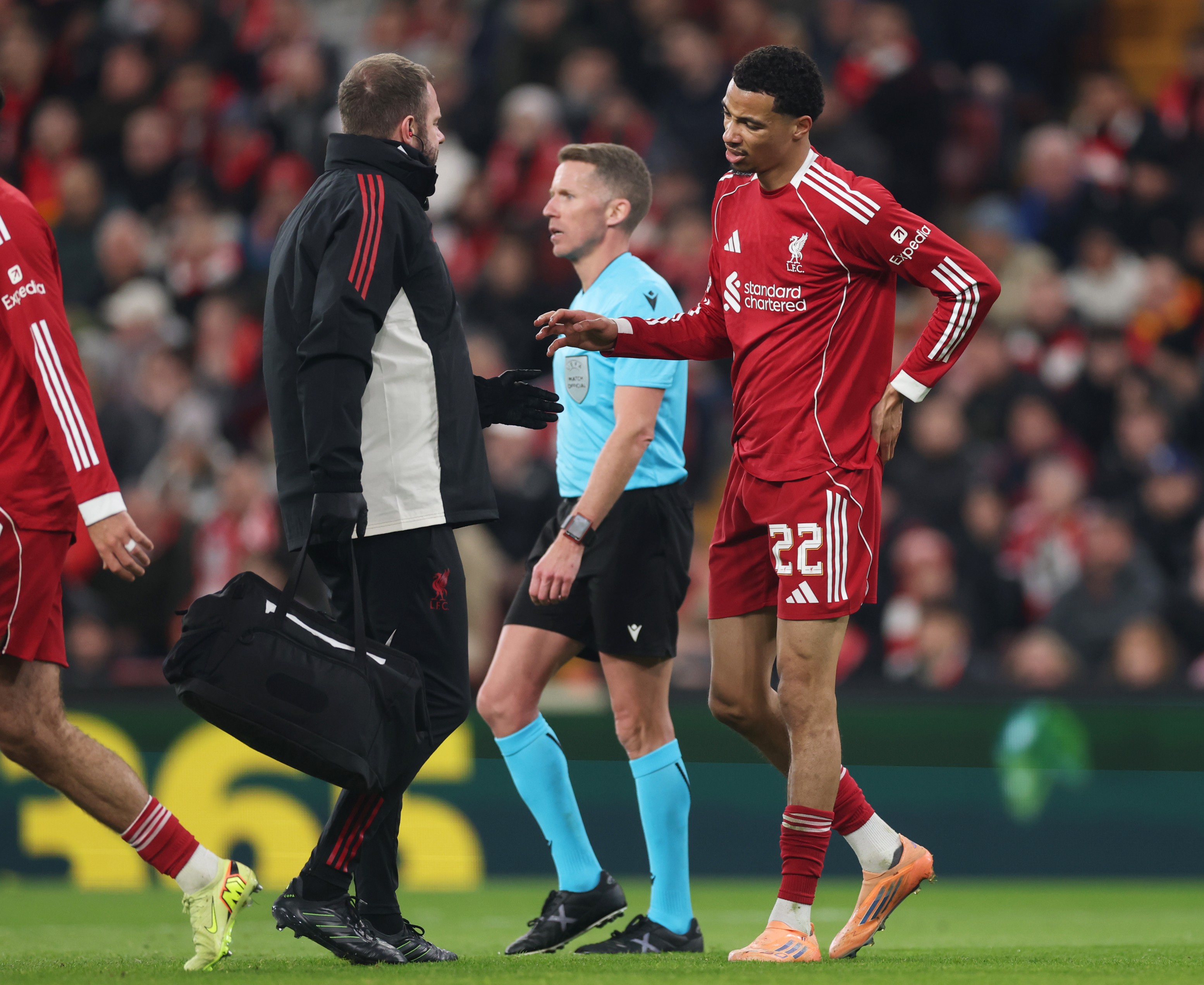 Hugo Ekitike of Liverpool receives medical treatment