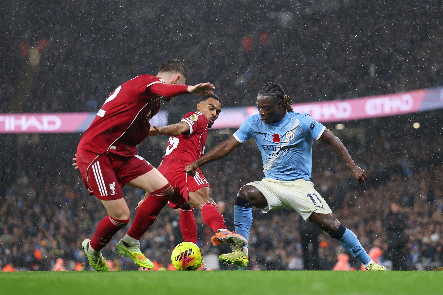 Jeremy Doku of Manchester Cityagainst Conor Bradley
