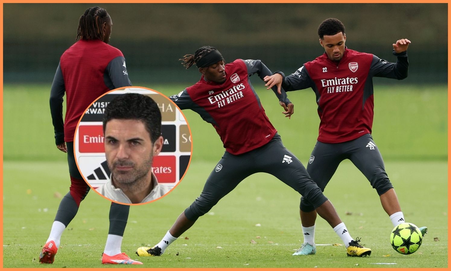 Ethan Nwaneri in Arsenal training, and Mikel Arteta