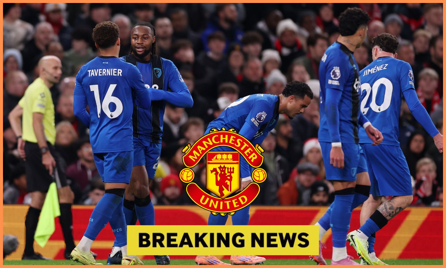 Antoine Semenyo celebrates with his Bournemouth teammates in the draw vs Man Utd at Old Trafford