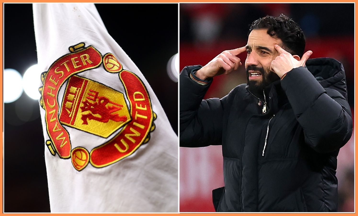 Ruben Amorim and Manchester United logo on corner flag