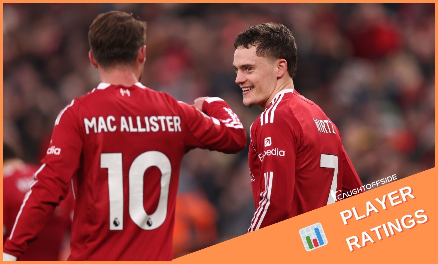 Alexis Mac Allister and Florian Wirtz celebrate in Liverpool's win vs Wolves