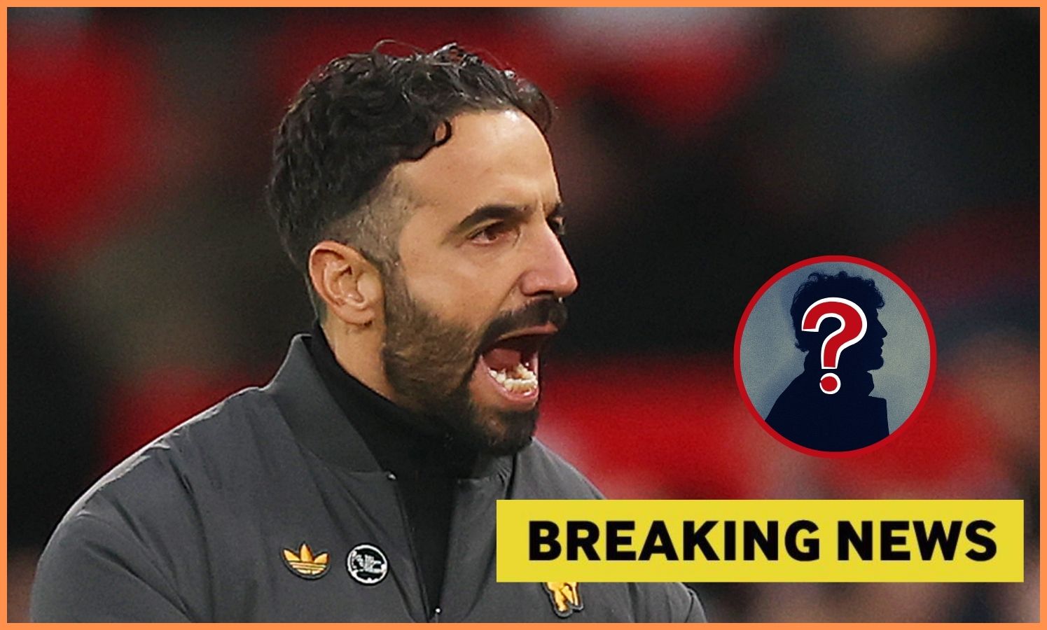 Man Utd manager Ruben Amorim and yellow 'breaking news' banner