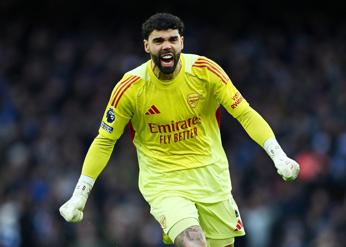 David Raya celebrates an Arsenal goal against Brighton