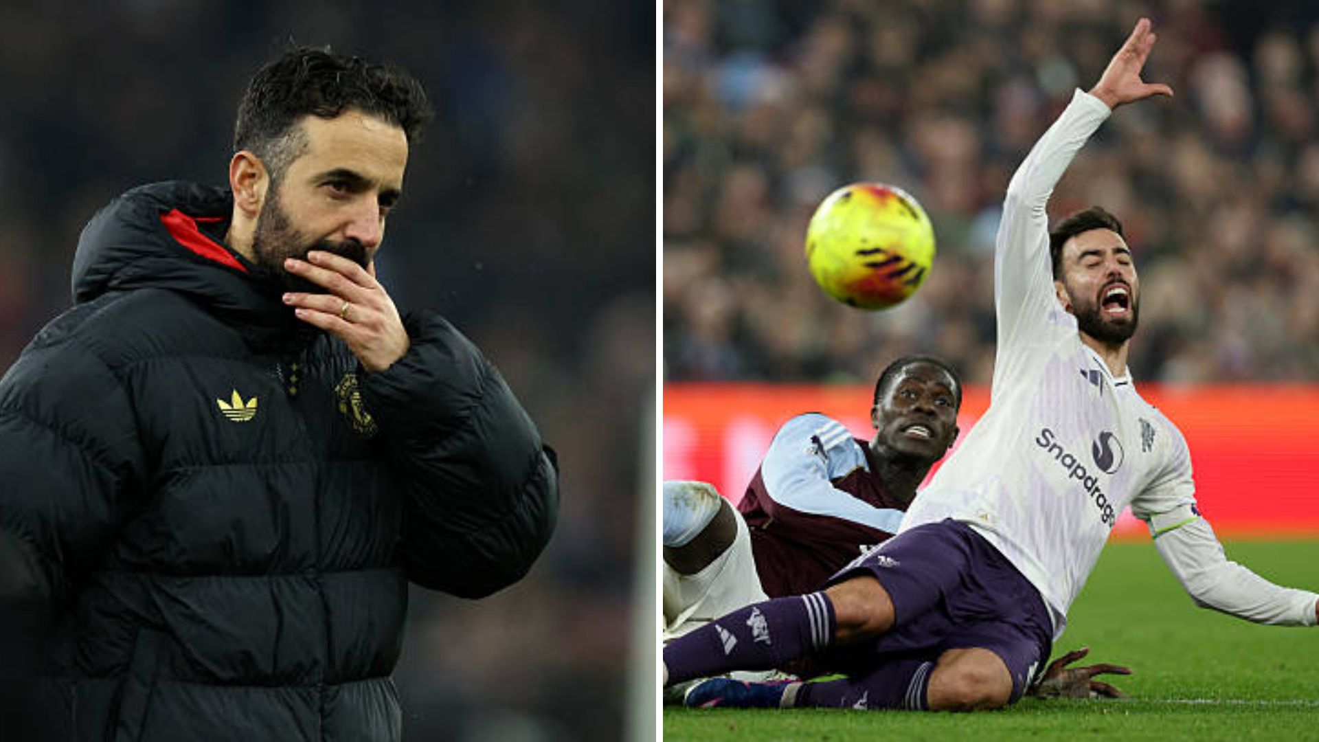 Split image of Ruben Amorim and Bruno Fernandes against Aston Villa