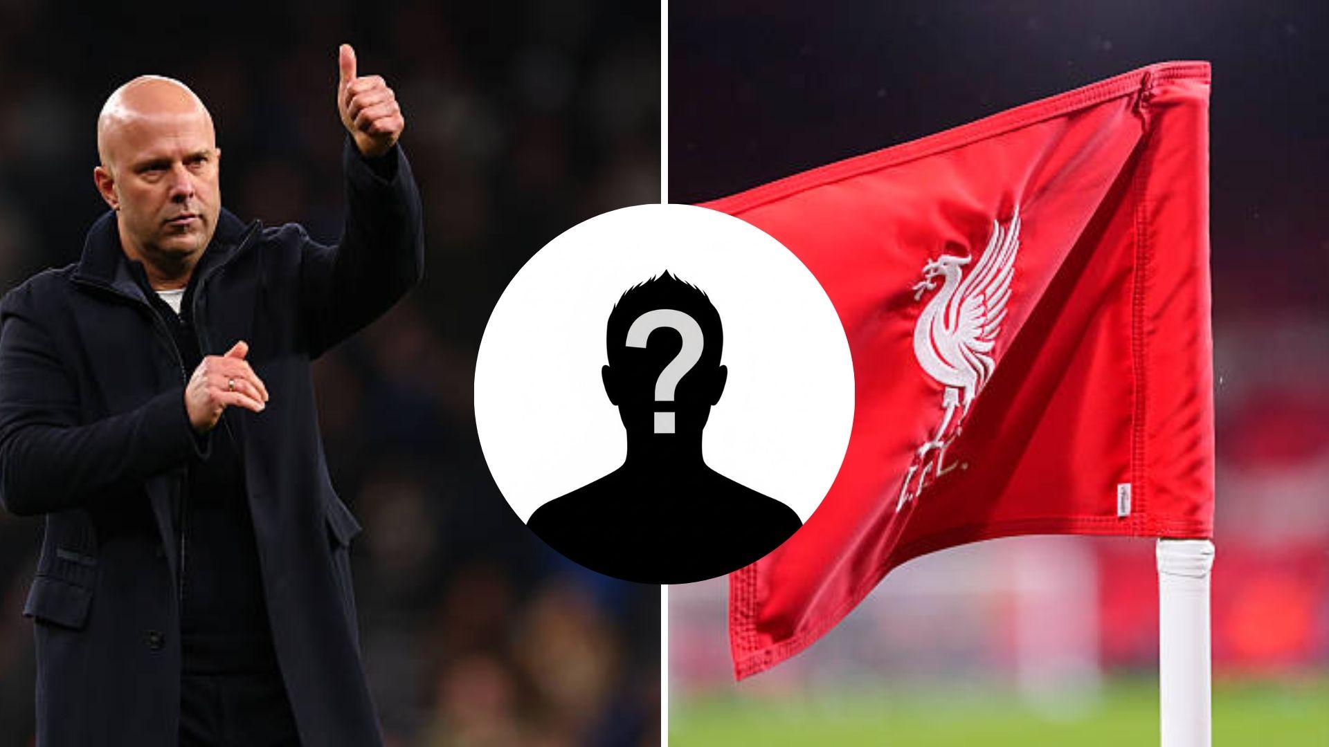 Split image of Arne Slot and Liverpool flag