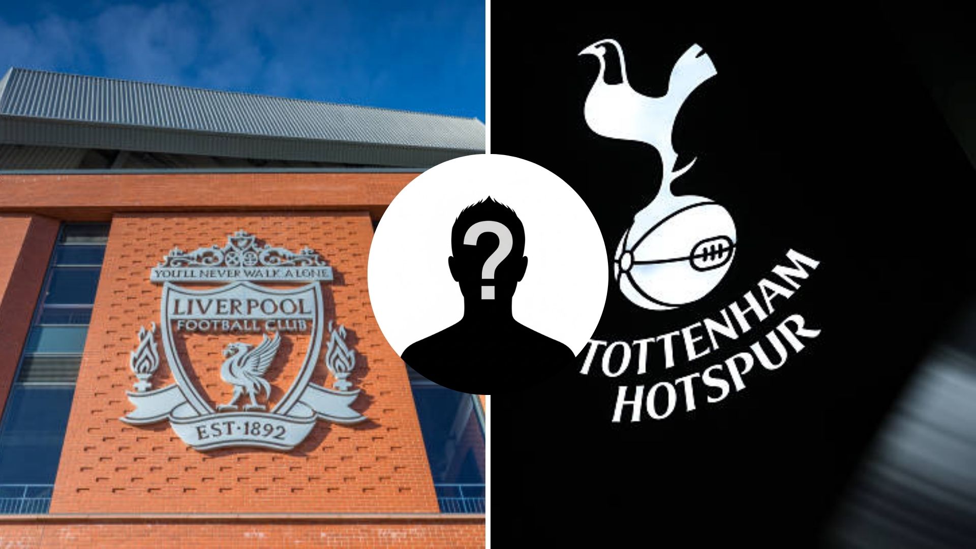 Split image of Liverpool badge and Tottenham badge with overlay of mystery player