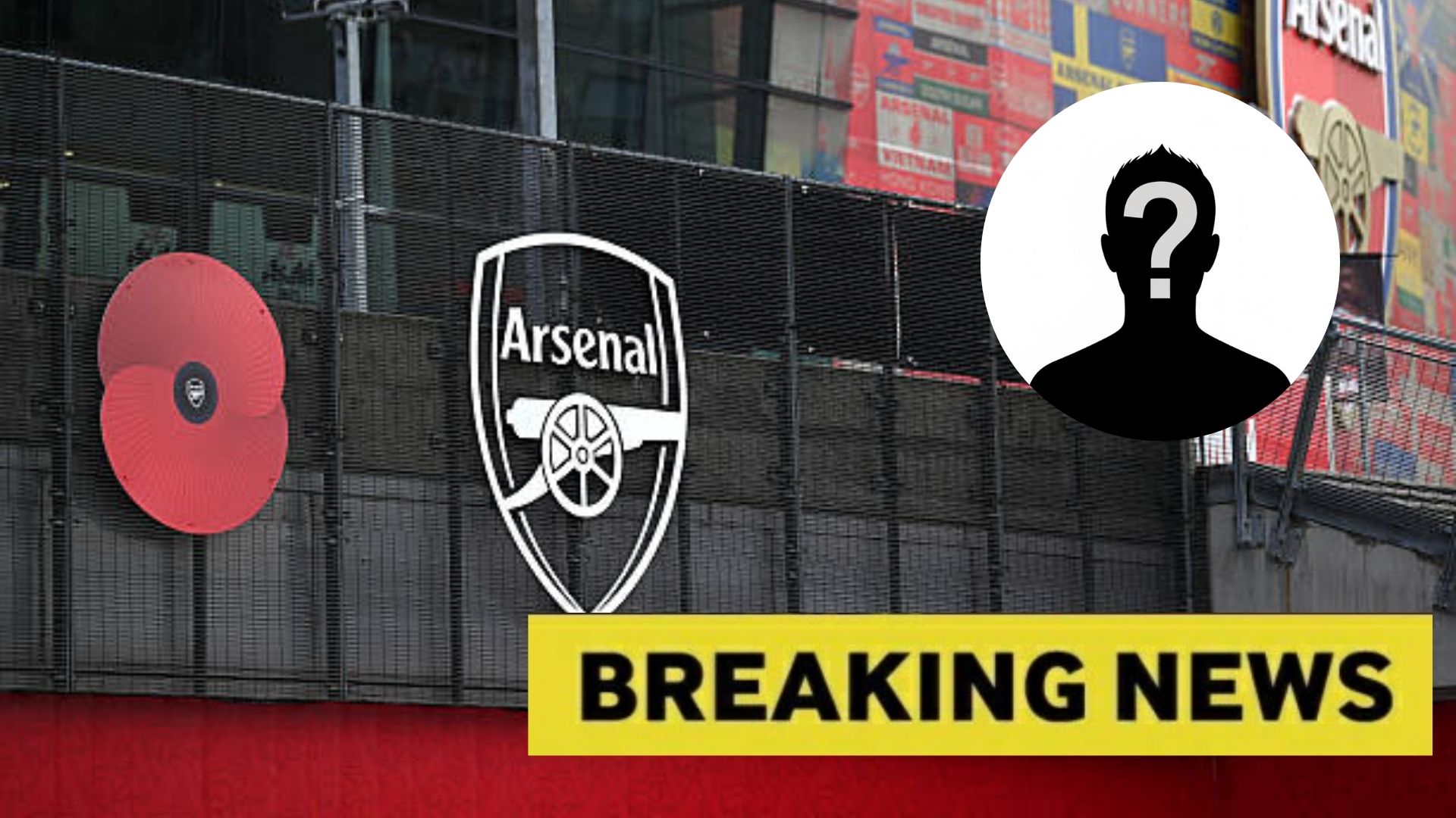 Emirates stadium with breaking news overlay