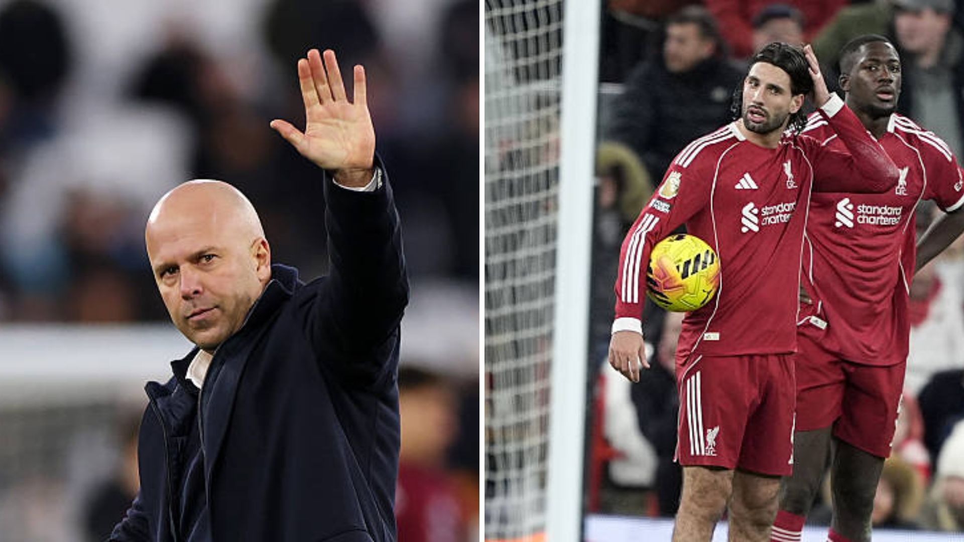 Split image of Arne Slot and Liverpool players looking distraught during Sunderland game