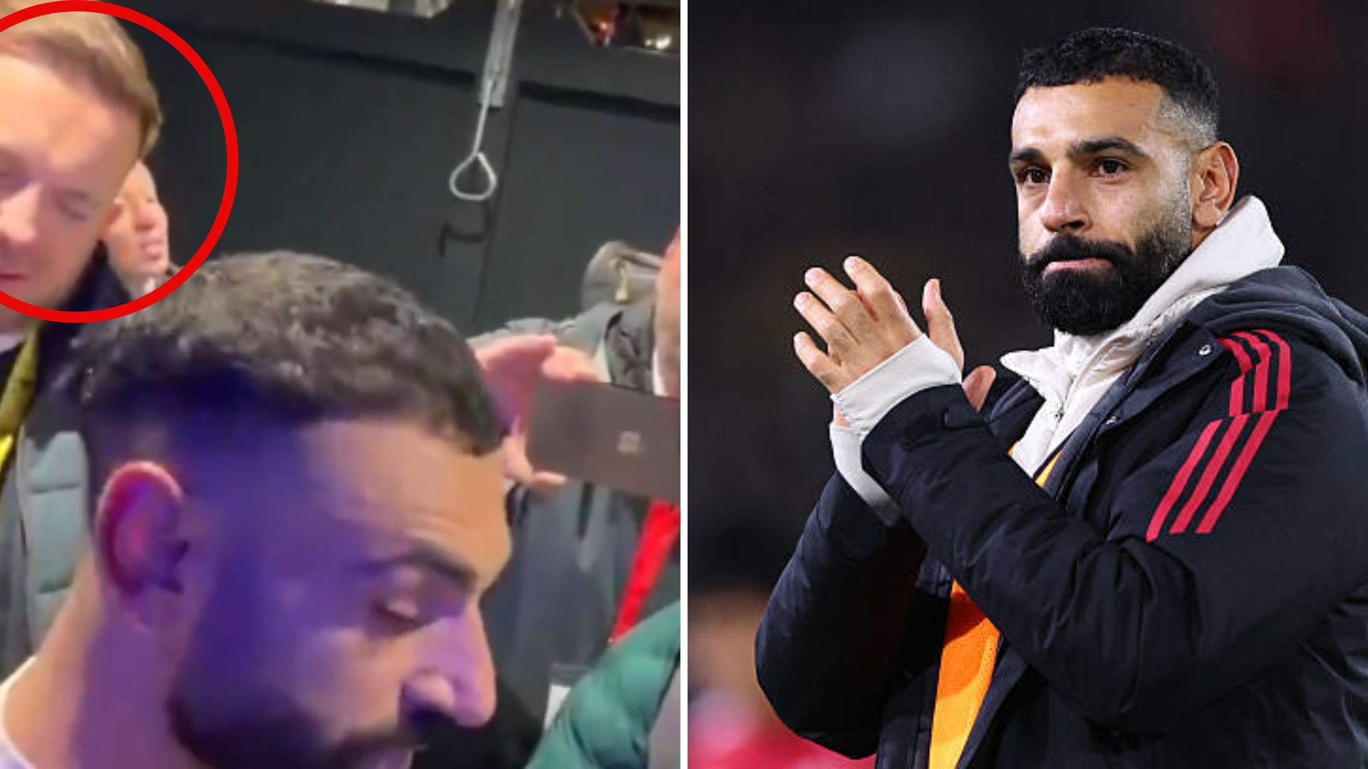 Split image of the press officer's reaction and Salah applauding the away supporters