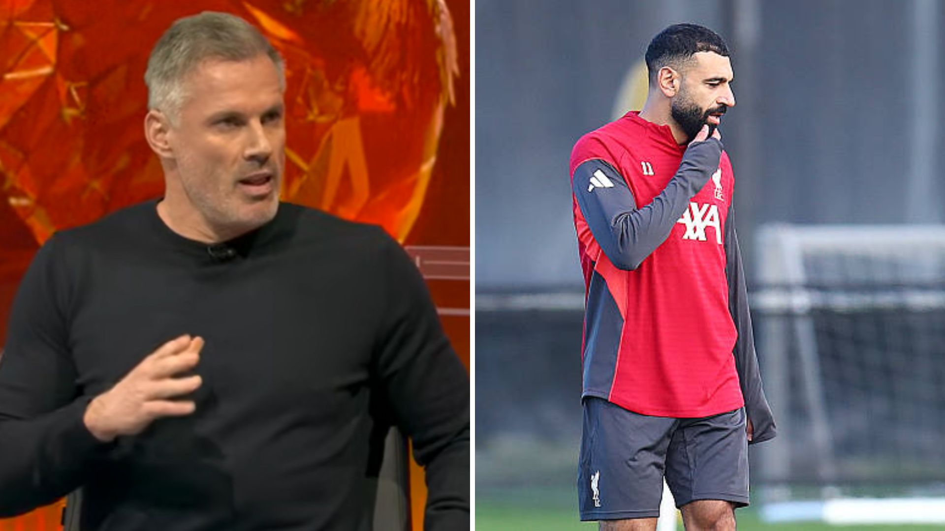 Split image of Jamie Carragher on Sky SPorts and Mohamed Salah in Liverpool training