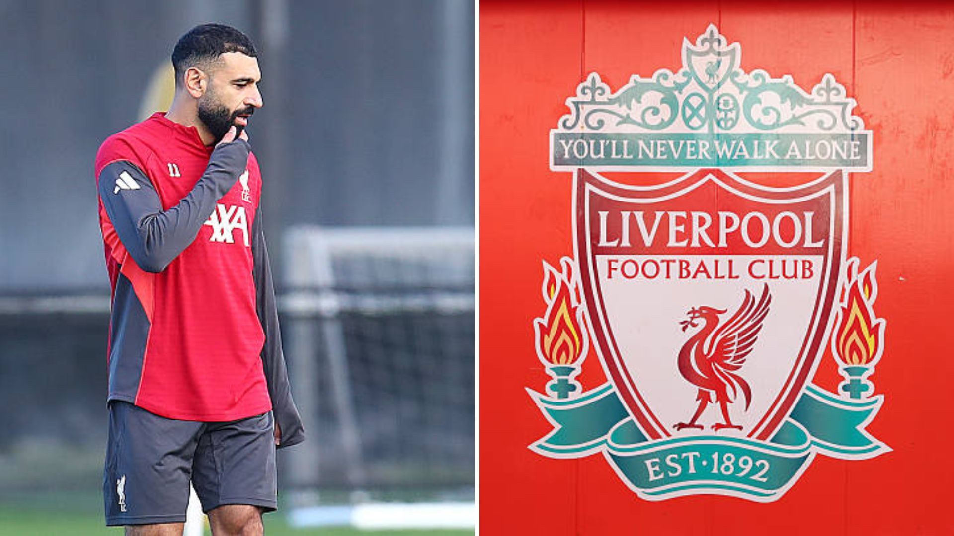 Split image of Mohamed Salah and Liverpool badge