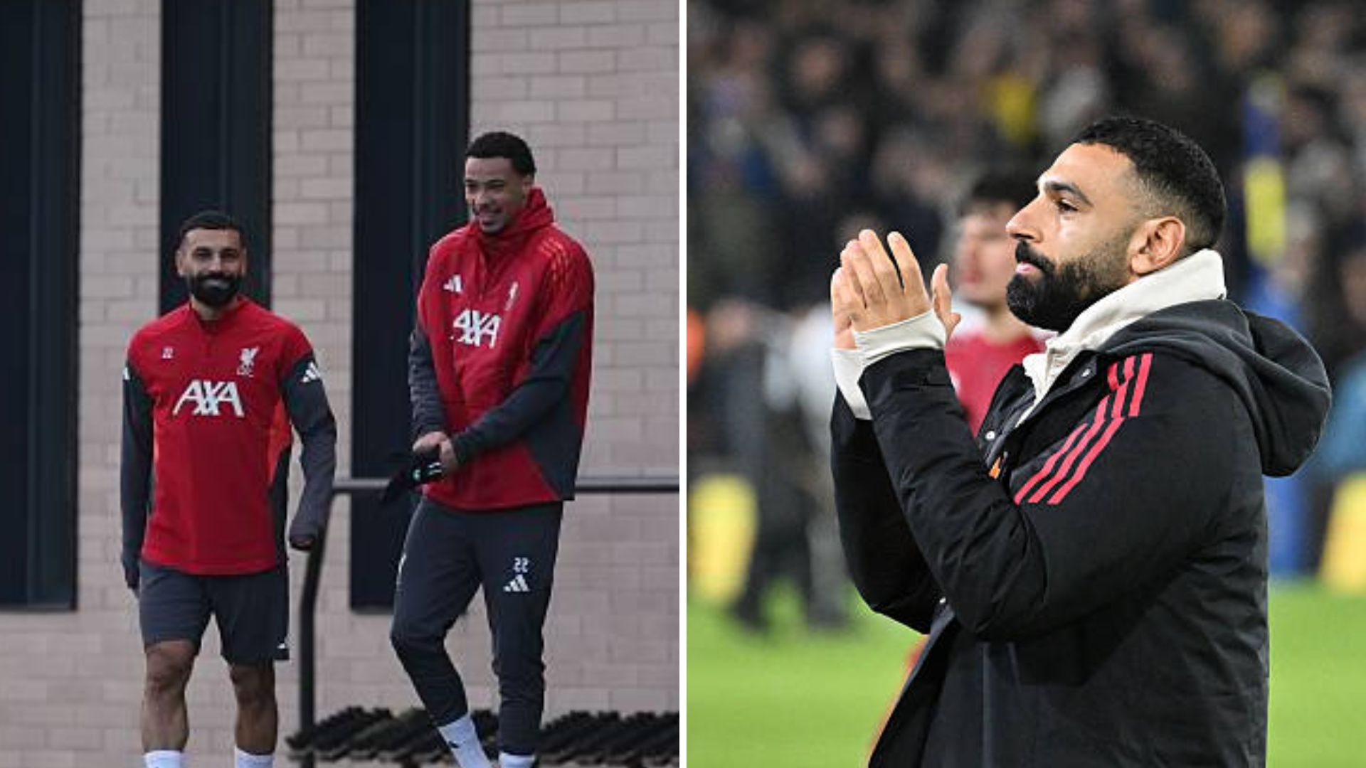 Split image of Salah in training with Ekitike and Salah after the Leeds game