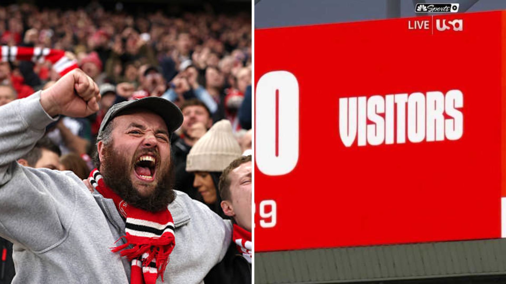 Split image of Sunderland fans celebrating win vs Newcastle and scoreboard inside Stadium of Lights