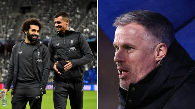 Split image of Dejan Lovren and Mohamed Salah and Jamie Carragher