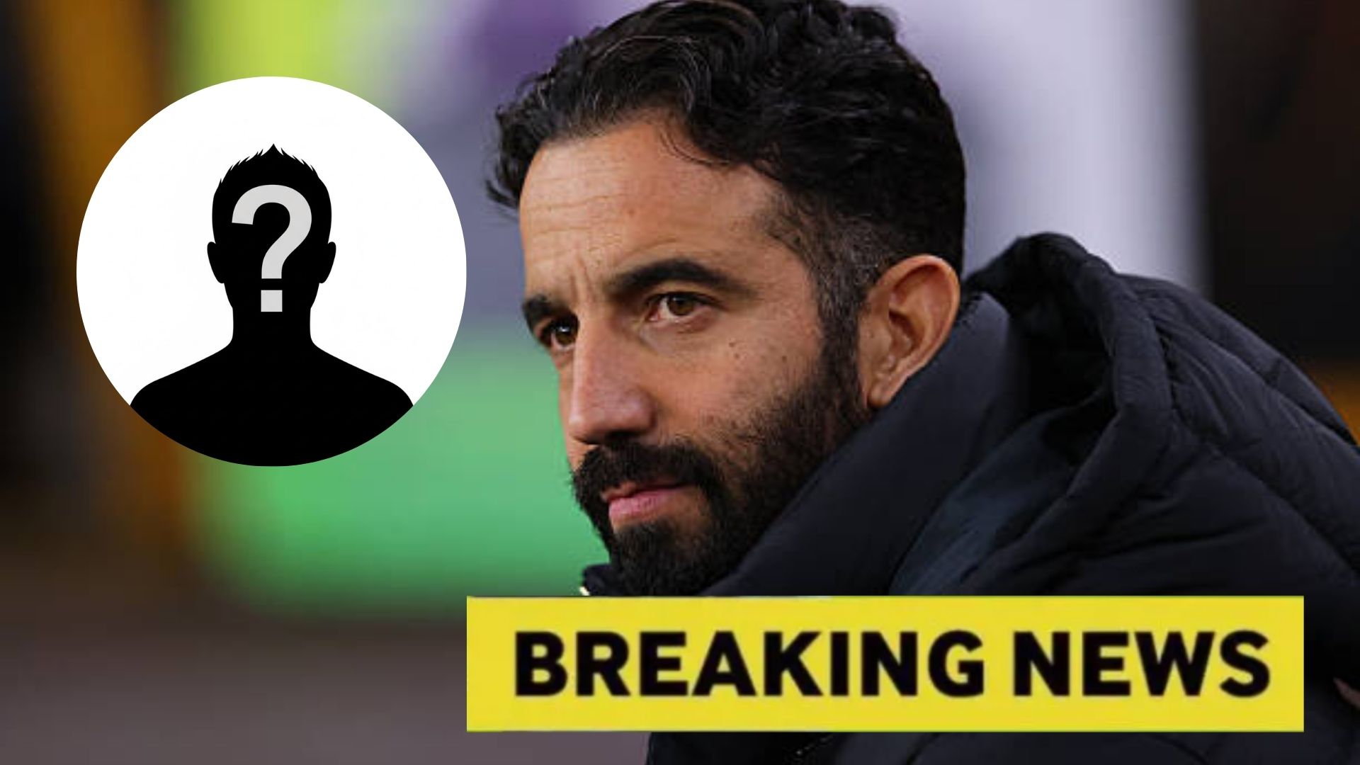 Ruben Amorim witth overlay of Breaking News and mystery player