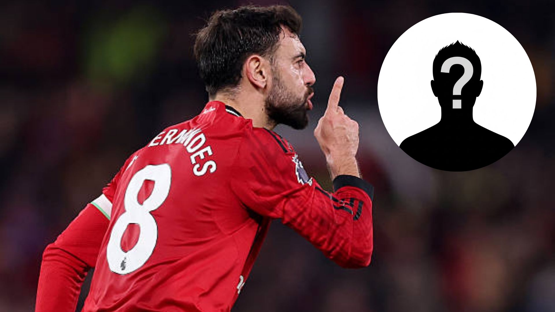 Bruno Fernandes celebrates after scoring his team's third goal with overlay of mystery player