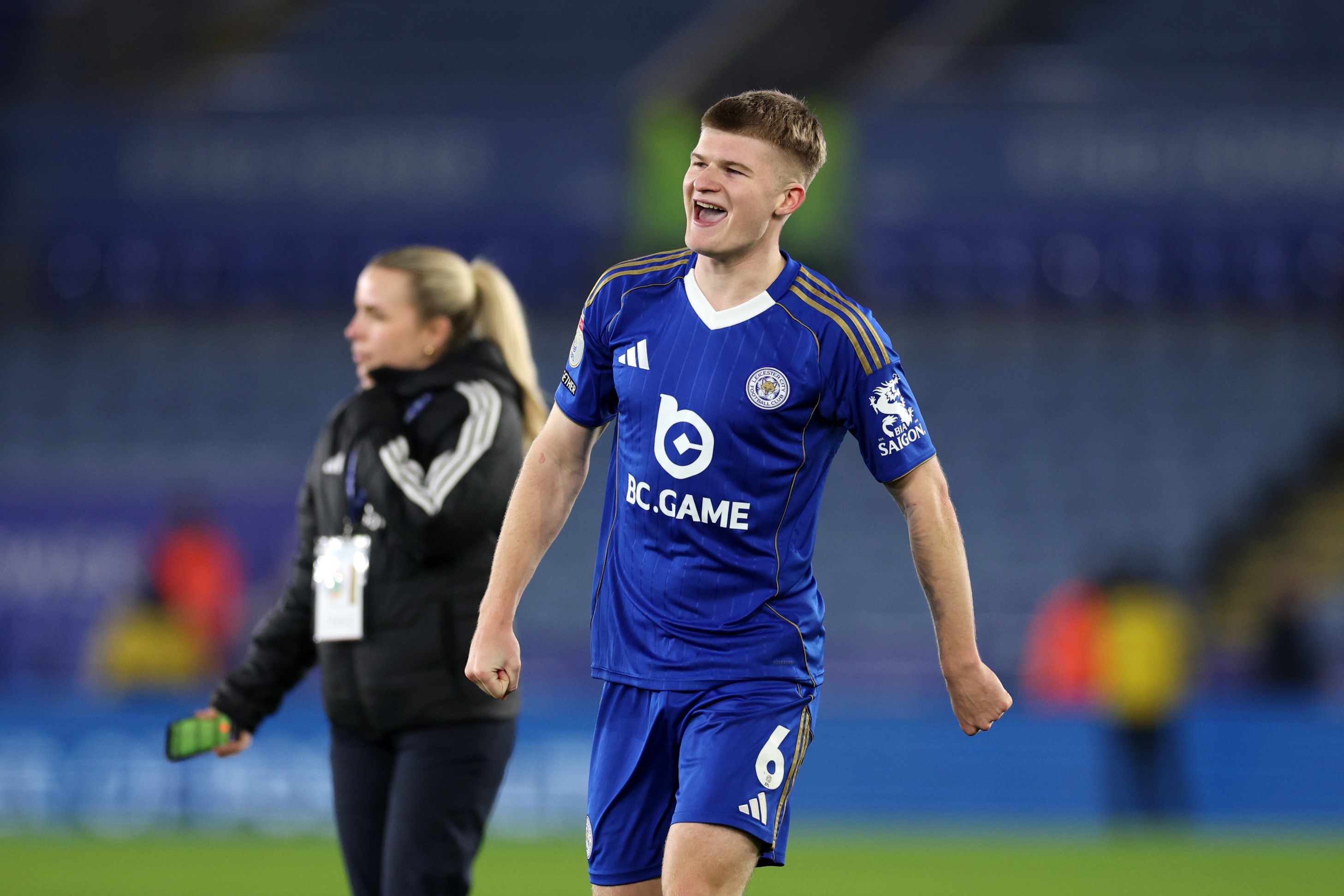 Jordan James of Leicester City celebrates after the Sky Bet Championship match