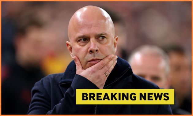 Arne Slot looks on and 'breaking news' banner