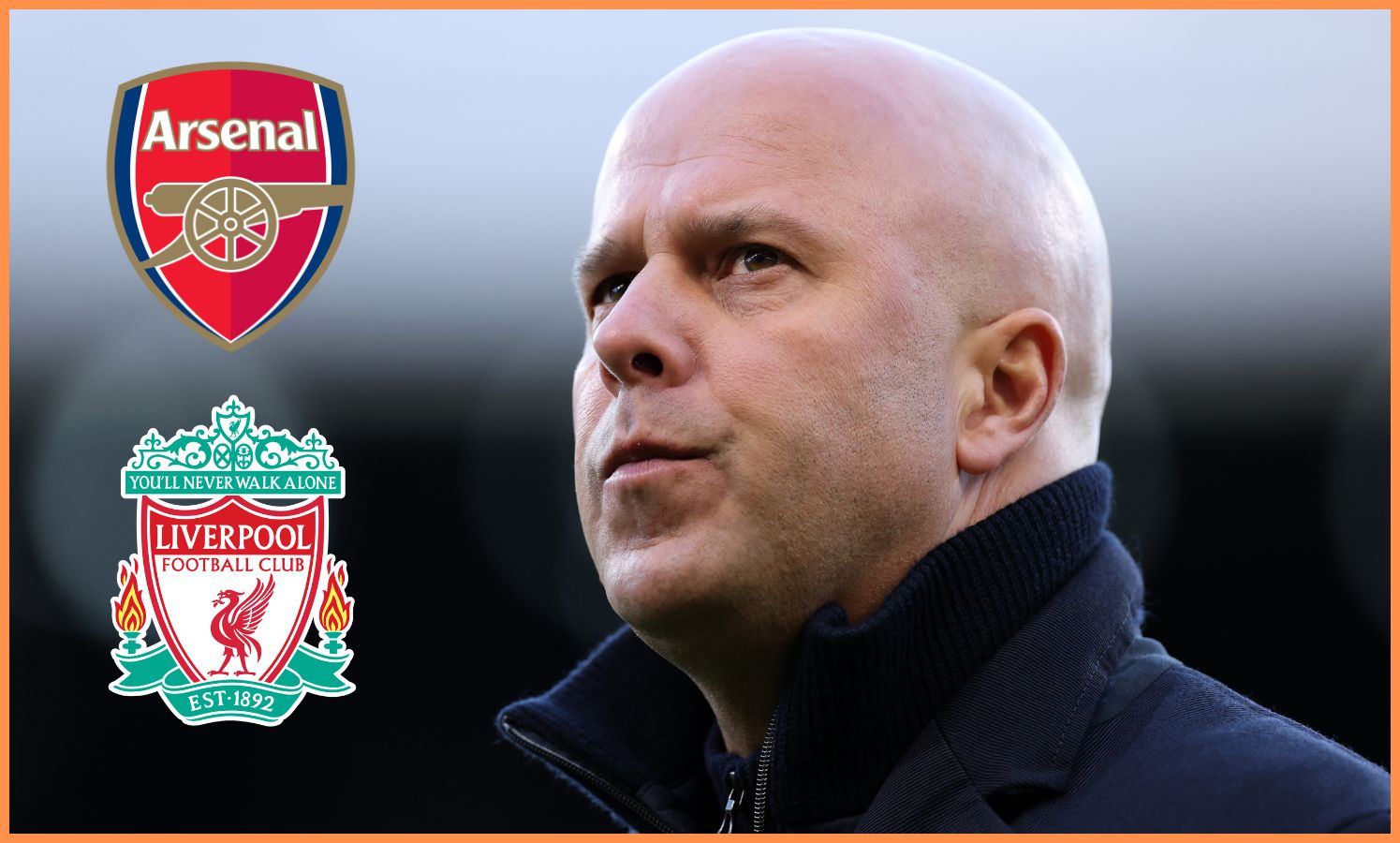 Arne Slot, Liverpool and Arsenal club badges