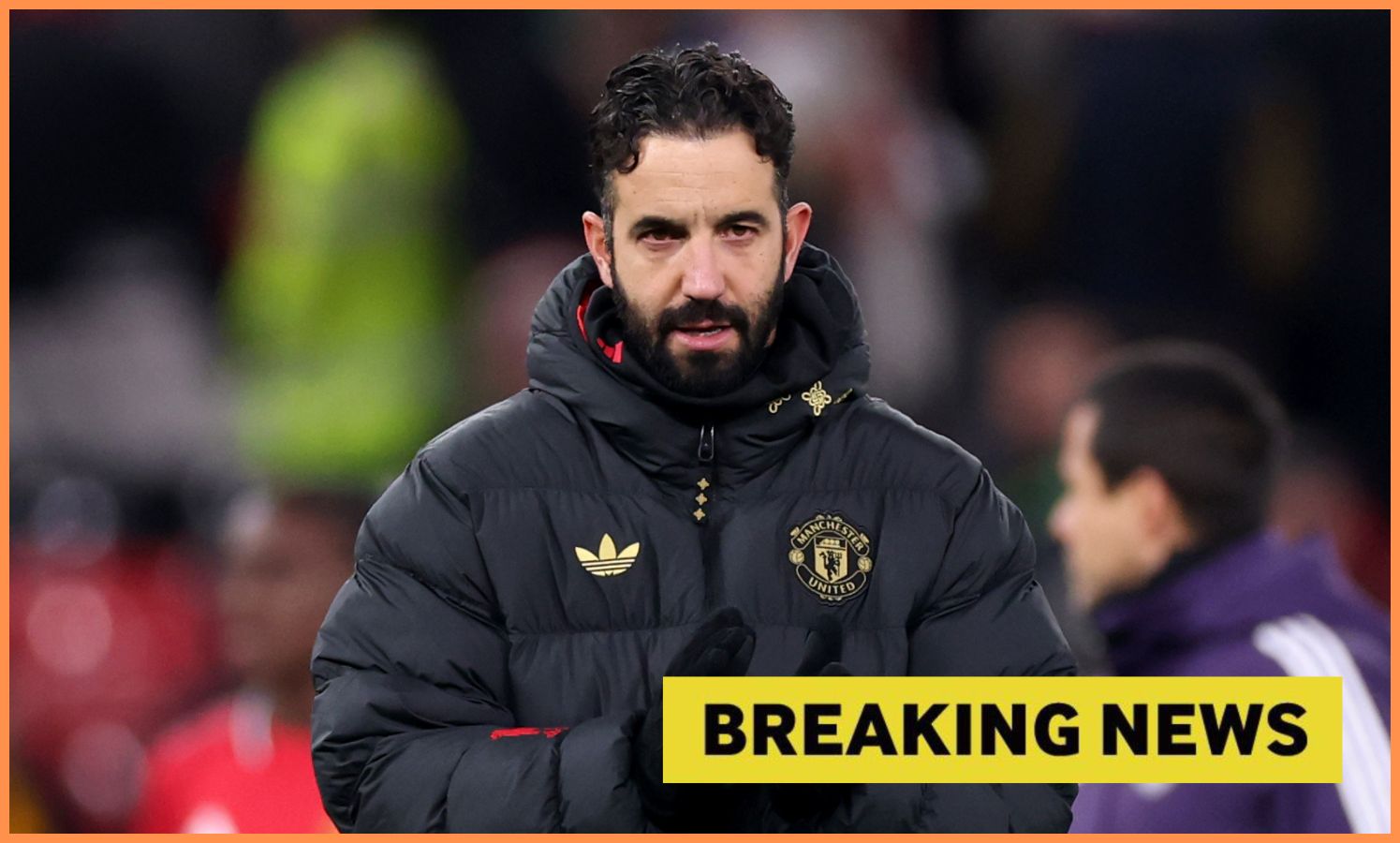 Man United manager Ruben Amorim and 'breaking news' banner