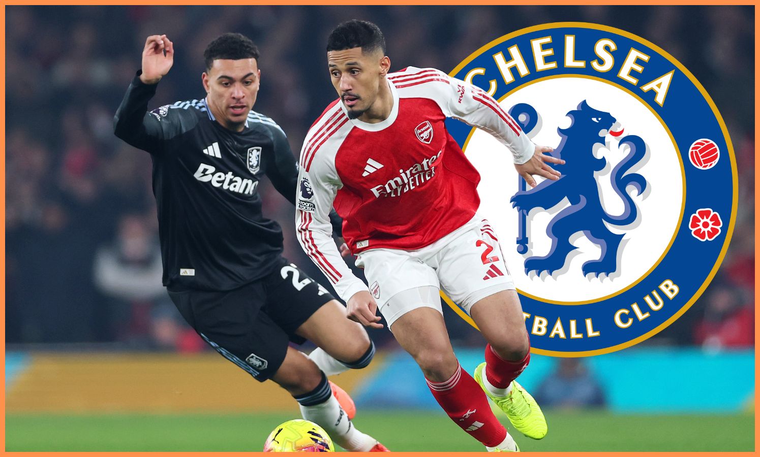 Morgan Rogers and William Saliba in action during Arsenal vs Aston Villa at the Emirates Stadium