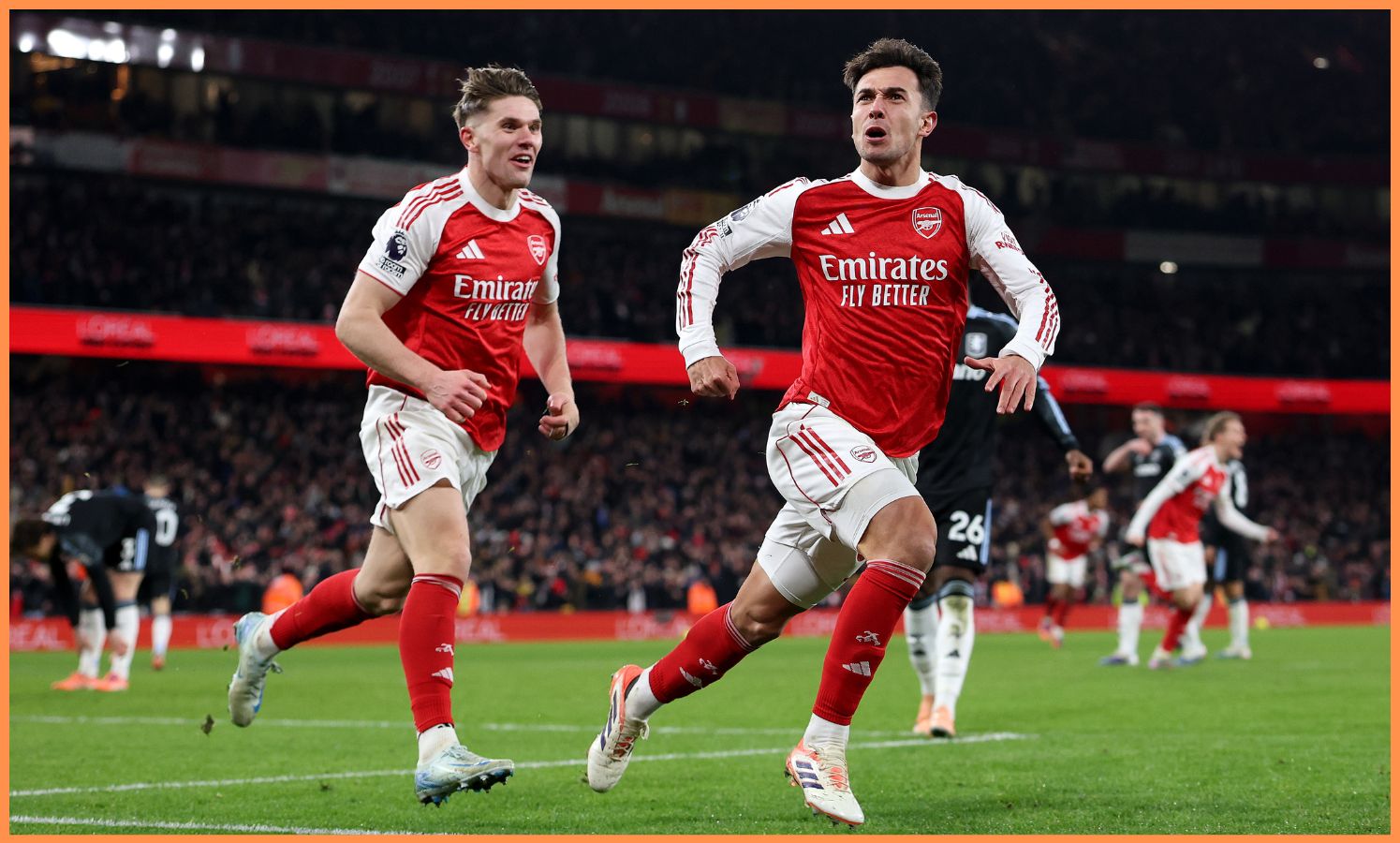 Viktor Gyokeres and Martin Zubimendi celebrate during Arsenal's win vs Aston Villa