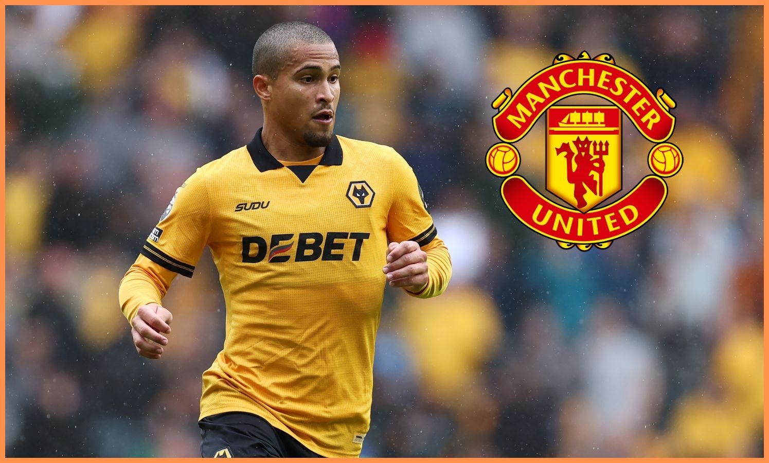 Joao Gomes in action for Wolves, and the Manchester United logo