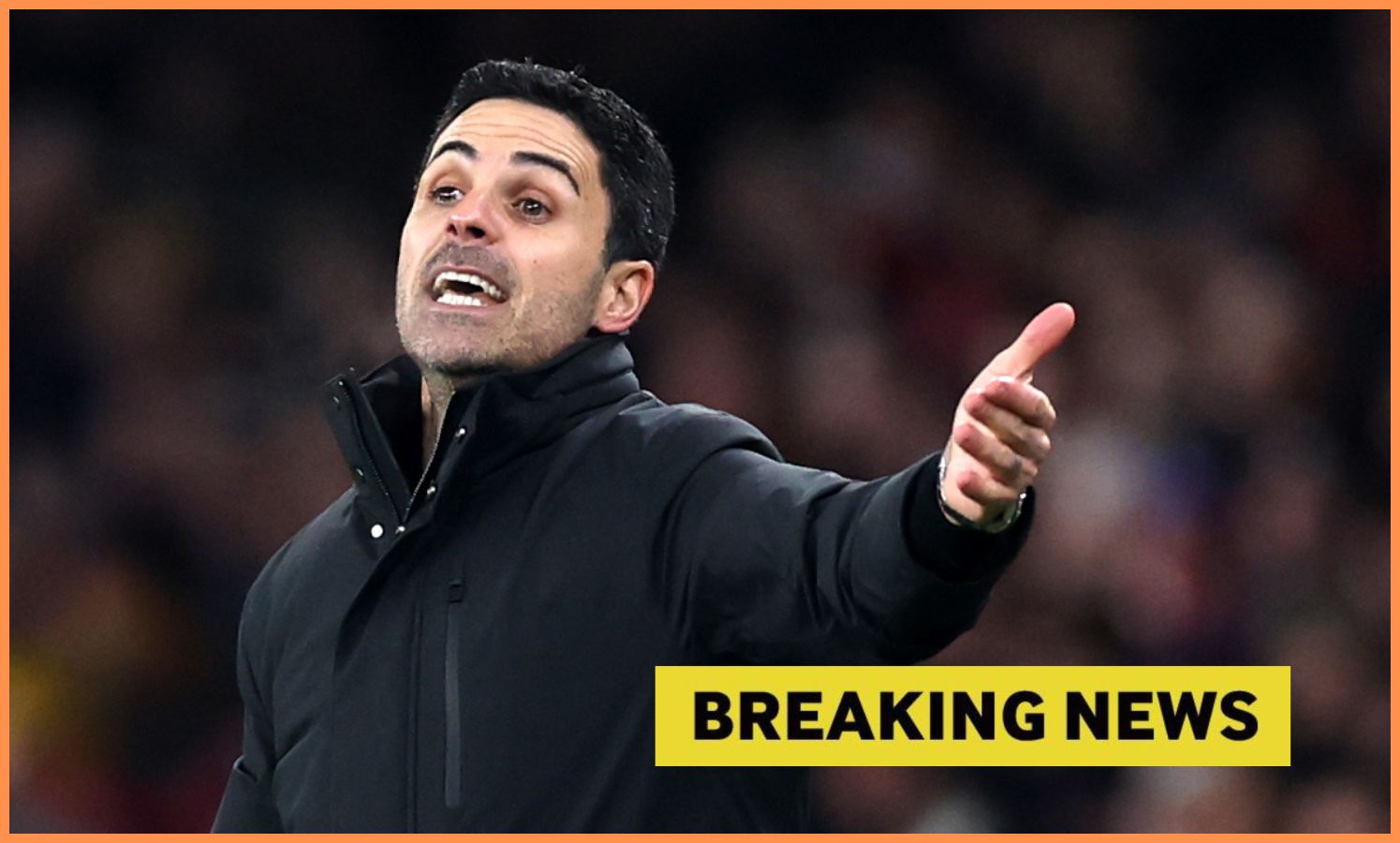 Mikel Arteta and yellow 'breaking news' banner
