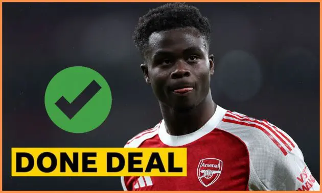 Bukayo Saka of Arsenal plus 'done deal' banner