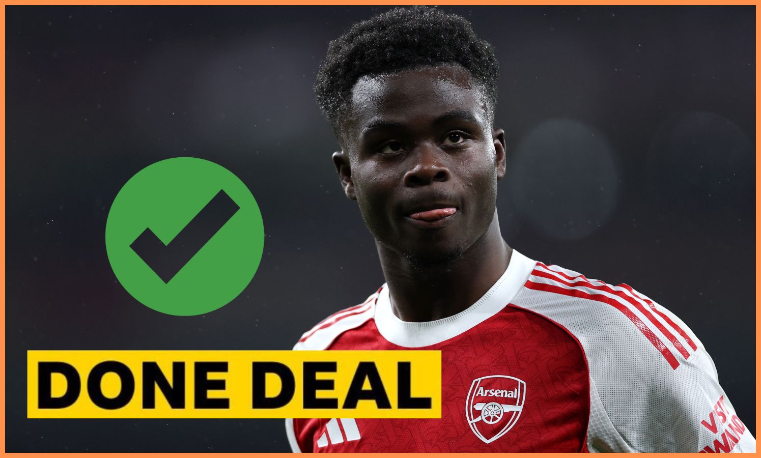 Bukayo Saka of Arsenal plus 'done deal' banner