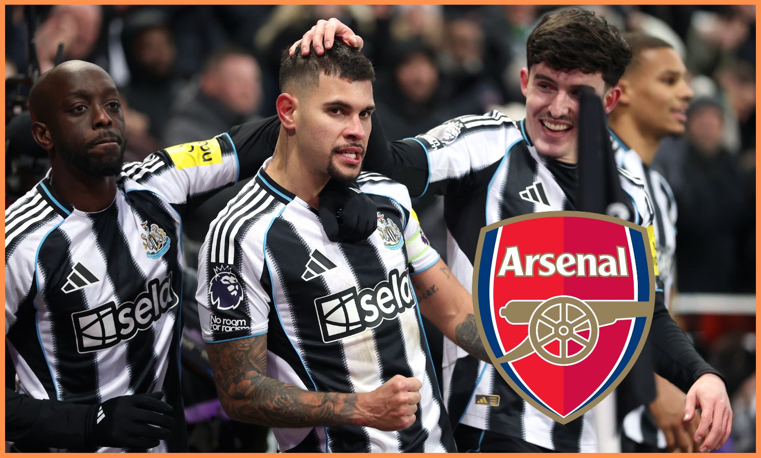 Bruno Guimaraes and Tino Livramento celebrate during Newcastle's win vs Leeds