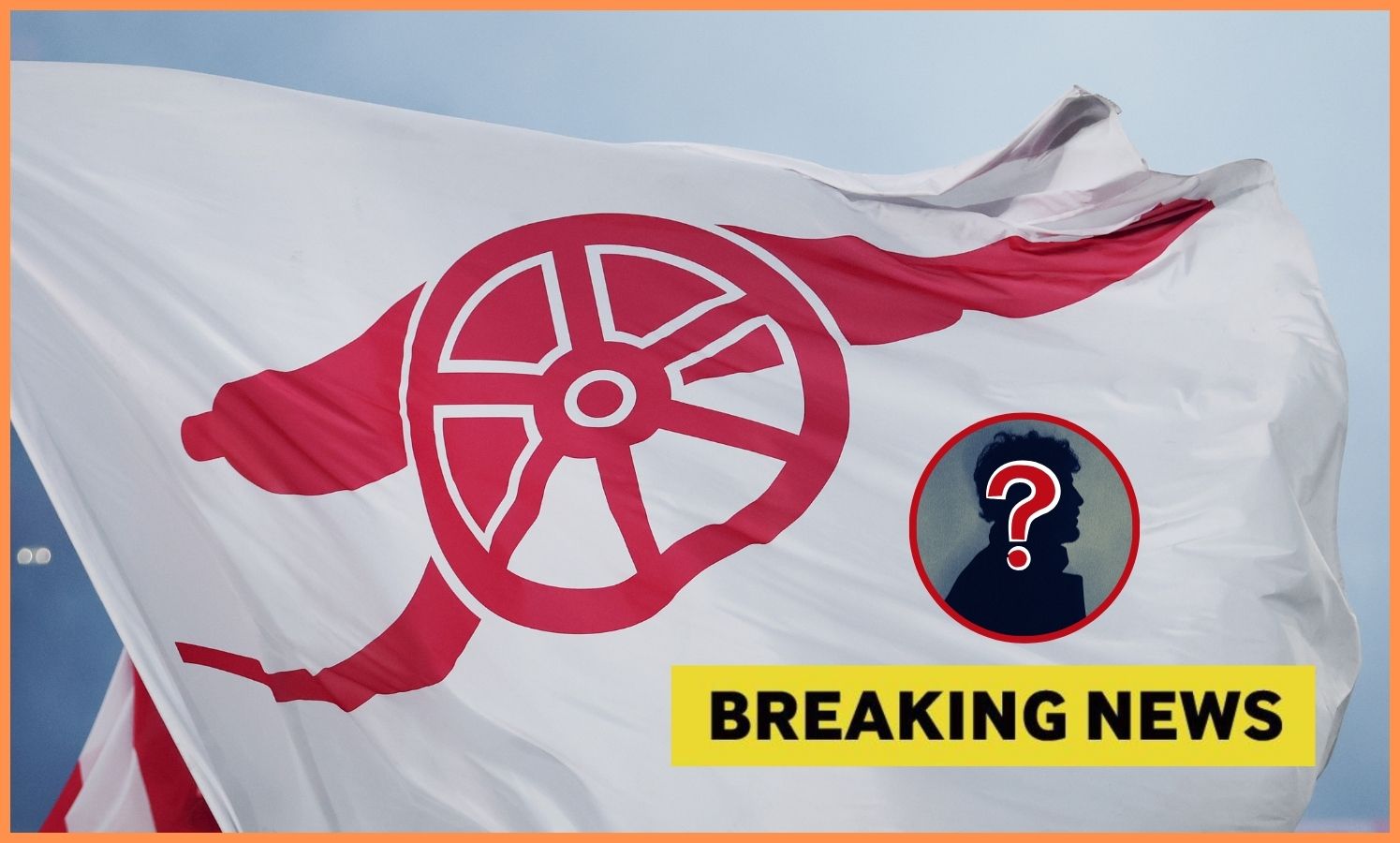 Arsenal logo on flag, plus 'breaking news' banner
