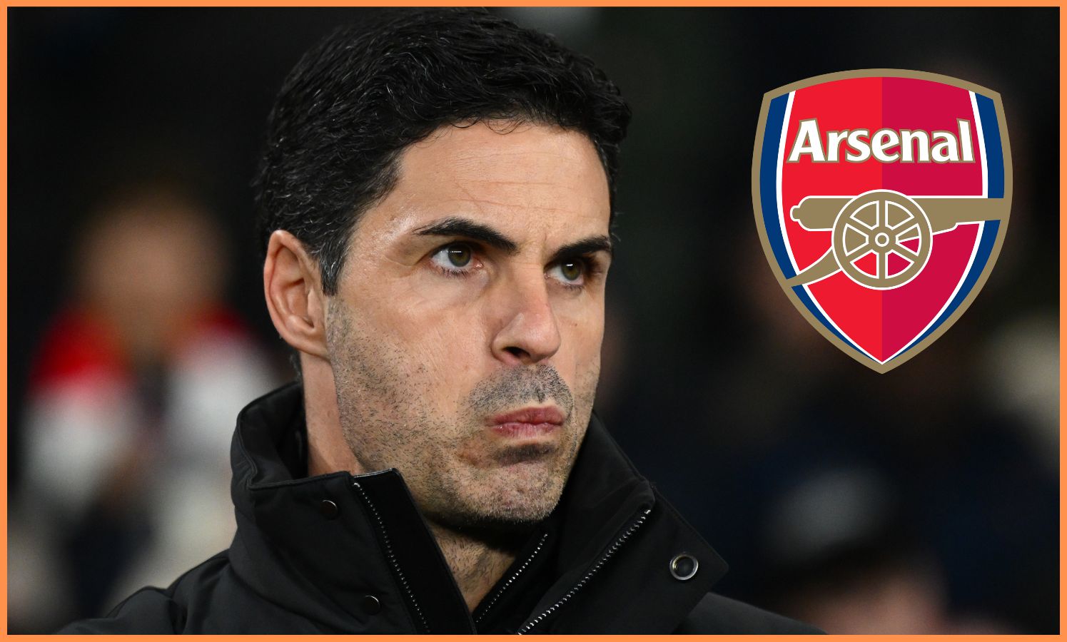 Mikel Arteta looks on, plus Arsenal logo