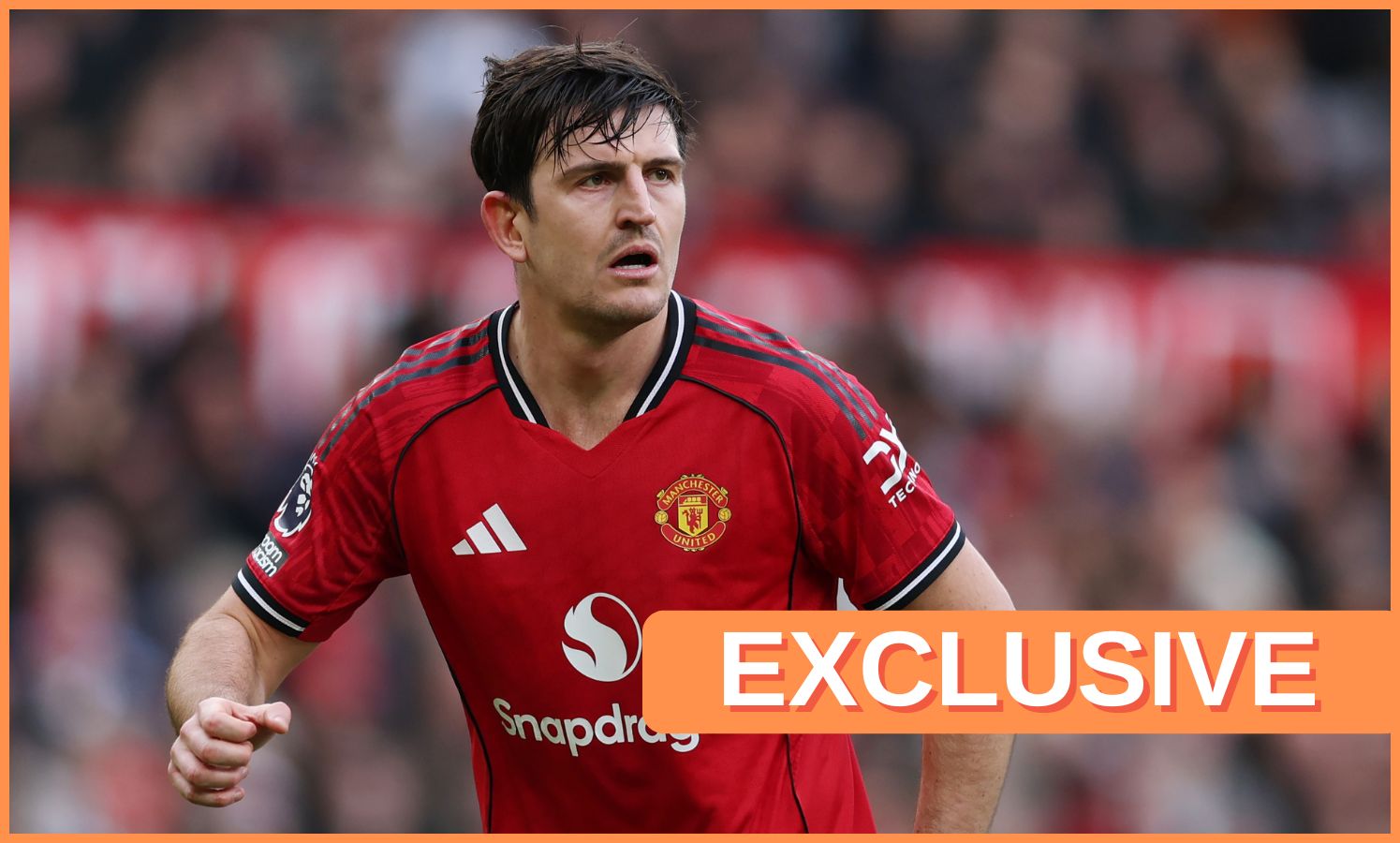 Harry Maguire in action for Man United, plus 'exclusive' banner
