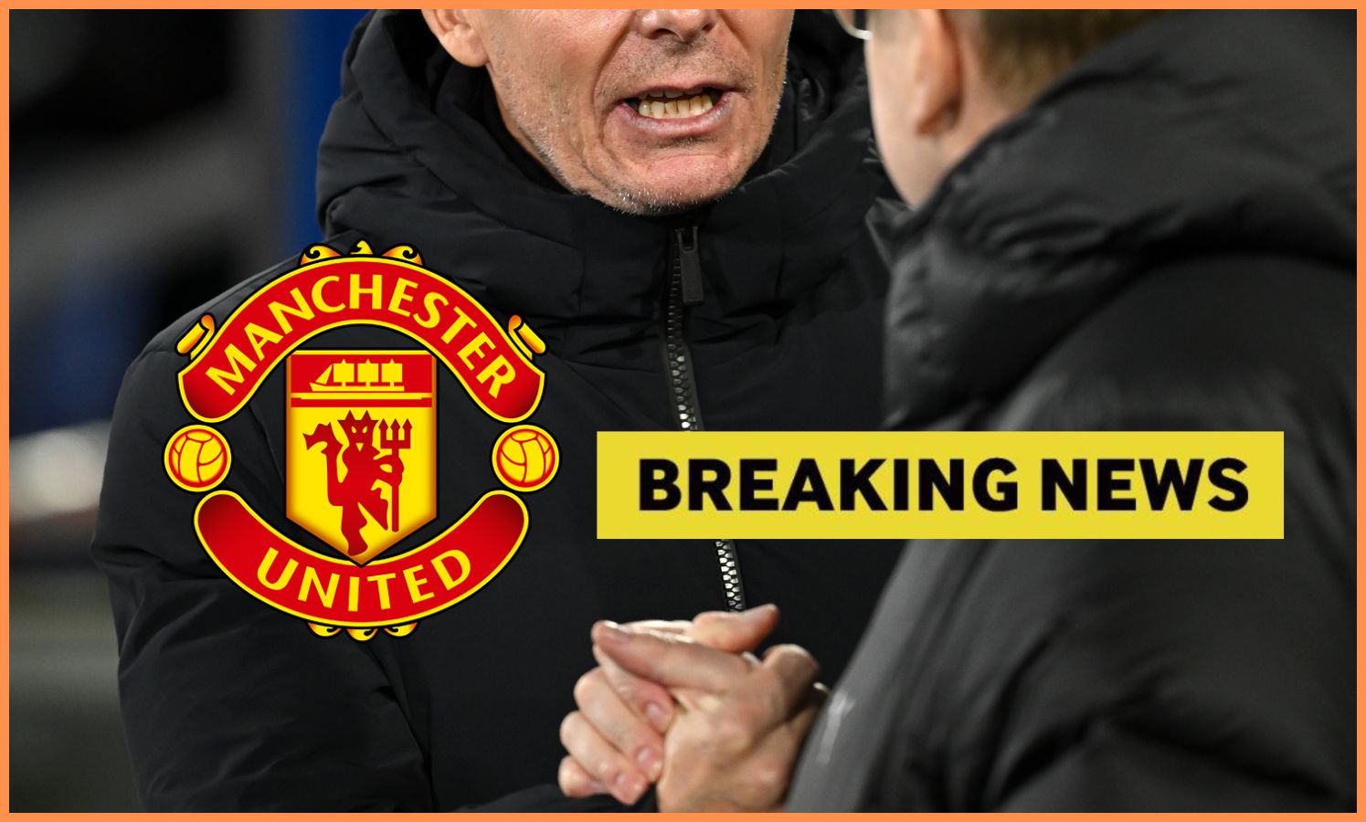 Oliver Glasner, the Manchester United logo, and breaking news banner