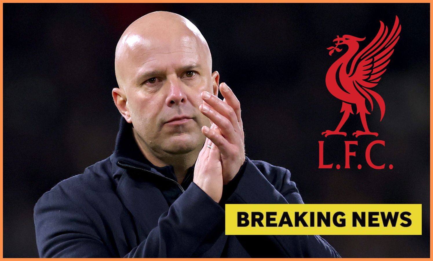 Liverpool's Arne Slot and 'breaking news' banner
