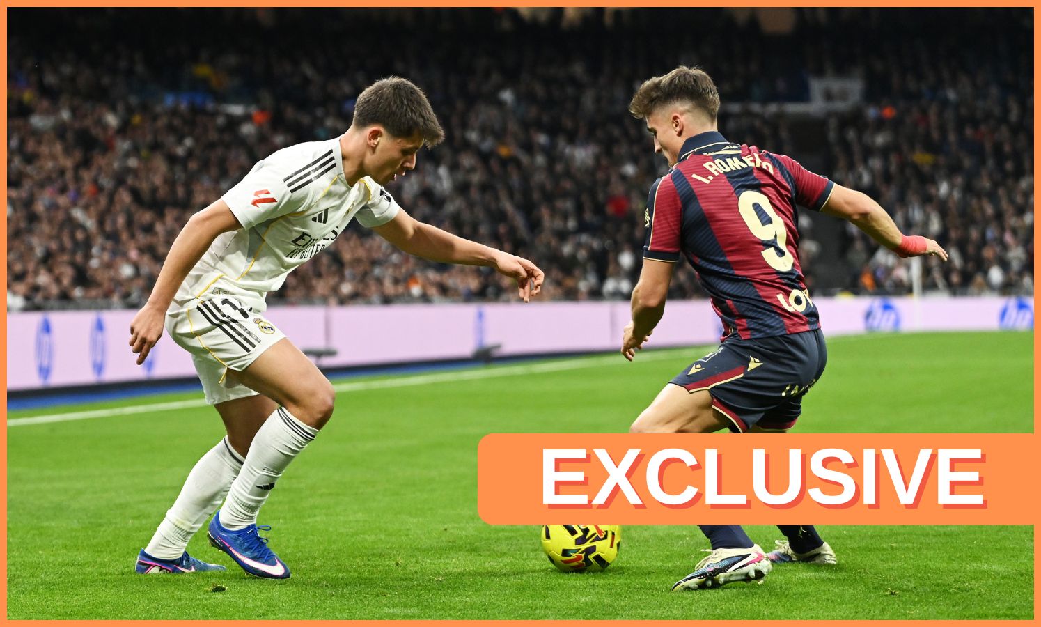 Arda Guler in action for Real Madrid, plus 'exclusive' banner
