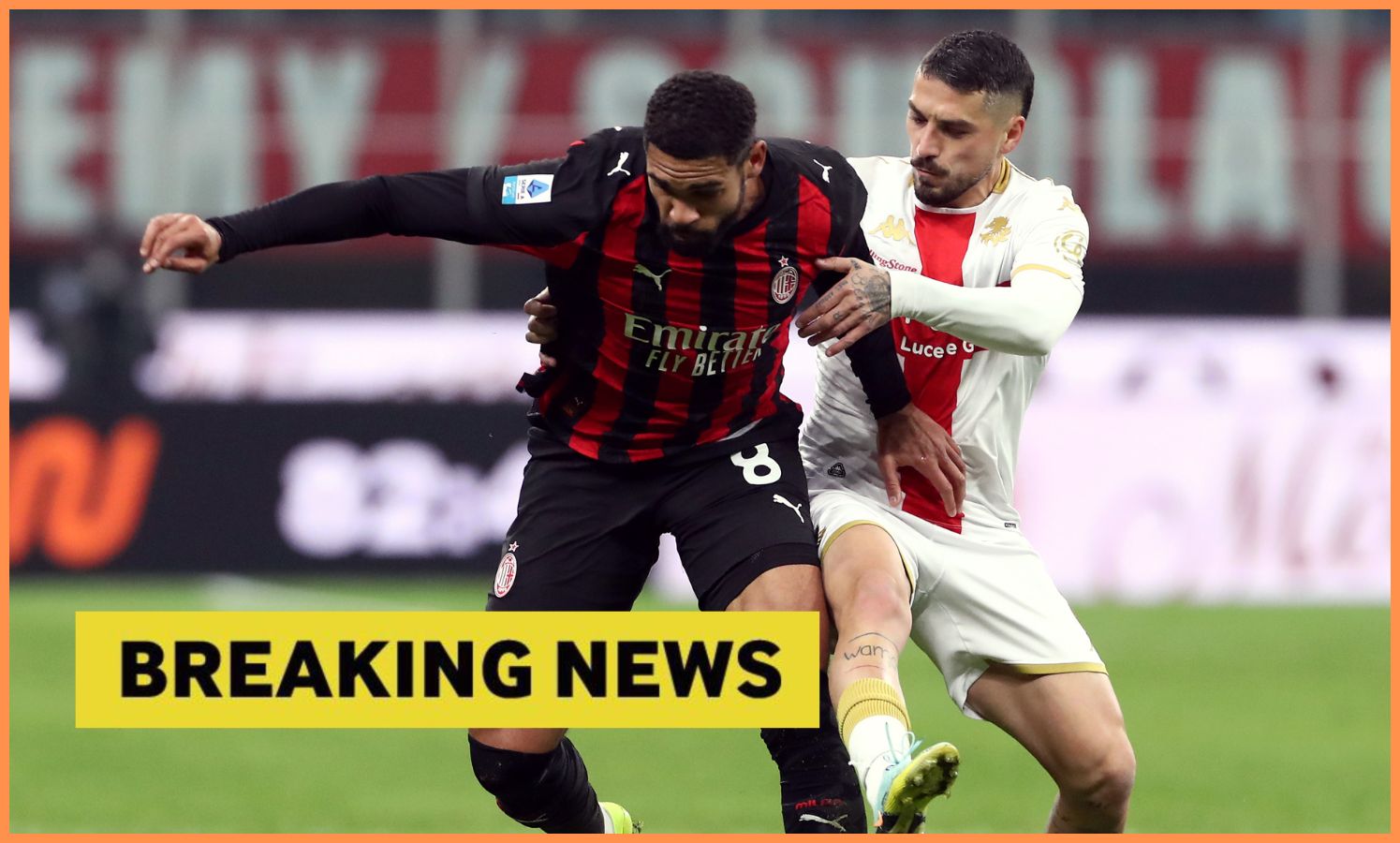 Ruben Loftus-Cheek in action for AC Milan, plus 'breaking news' banner