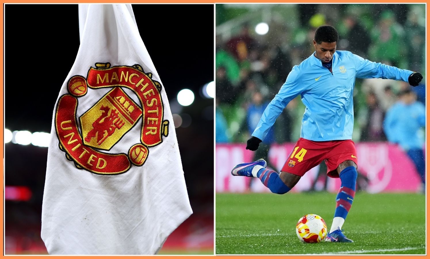Marcus Rashford warming up for Barcelona, plus Man United logo