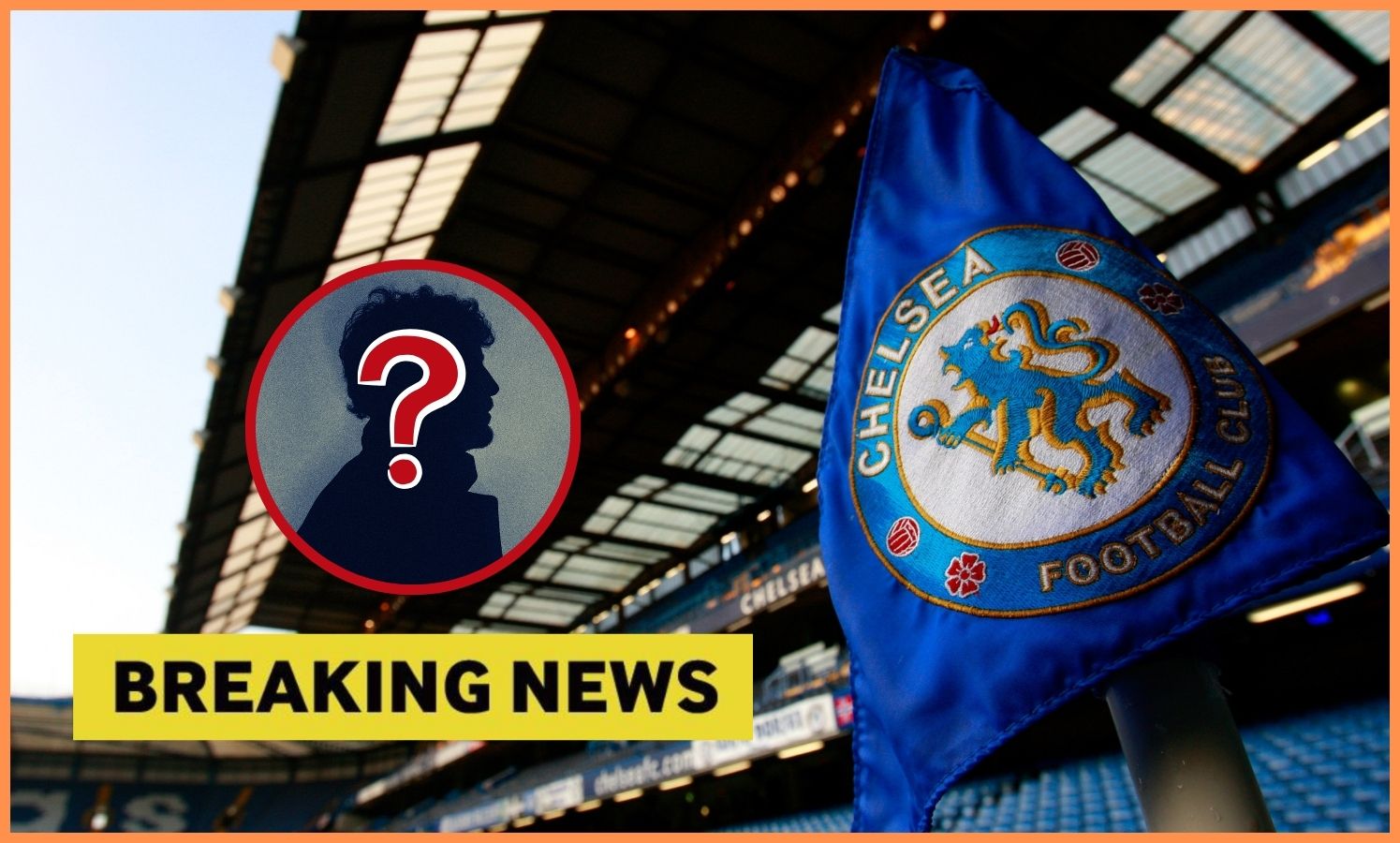 Chelsea FC corner flag and 'breaking news' banner